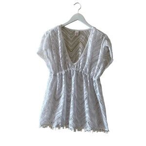 Bongo White Summer Overlay Beach V-neck Elastic Waist Kaftan Cover Up SZ XL